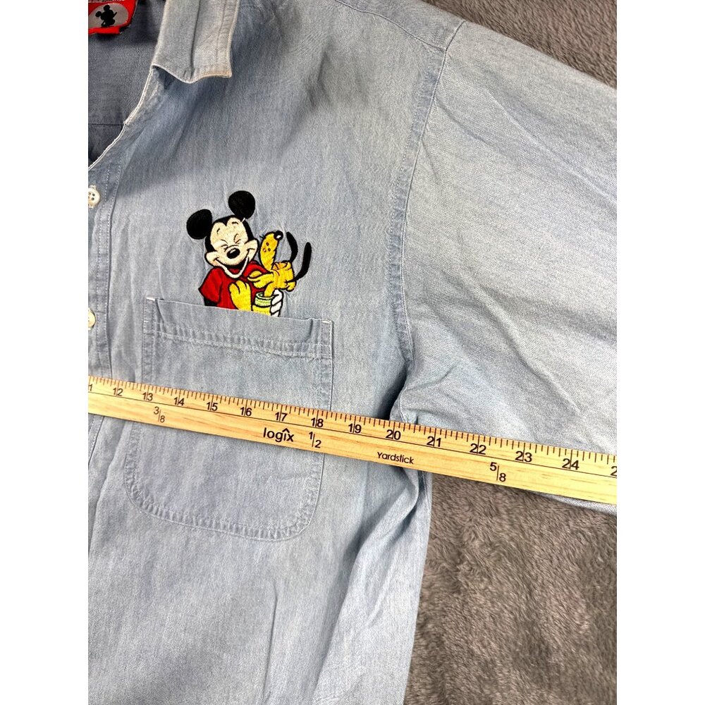 Mickey Inc. Vintage Shirt XL Denim Button-Up Shirt With Mickey & Pluto Embroider - Picture 7 of 12